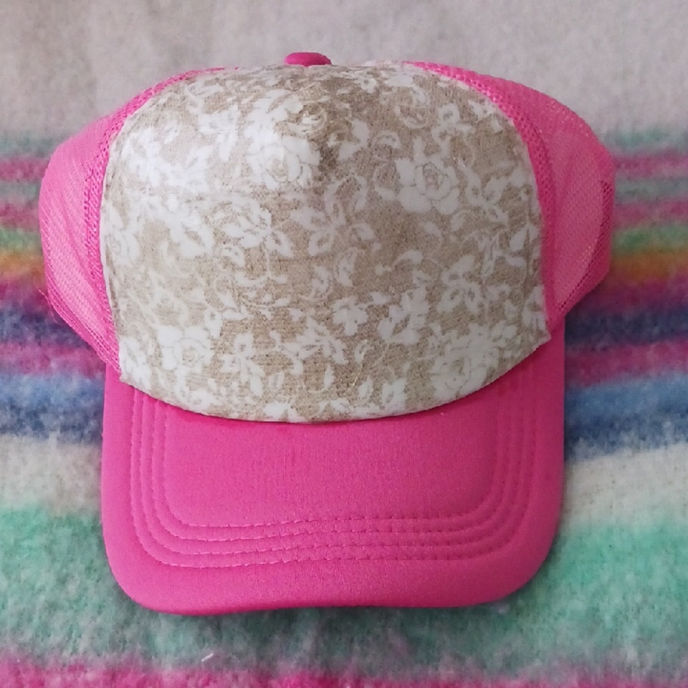 Handmade Pink and Cream Floral Trucker Hat